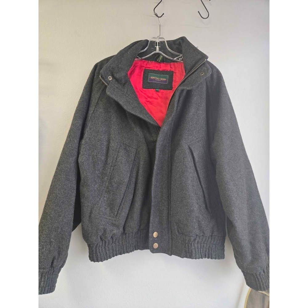 Hunting Horn Vintage Wool Blend Red‎ Lined Bomber Jacket Charcoal Gray Large